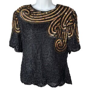 Stenay Vintage Black Silk Beaded Sequin Swirl Top Short Sleeve Scalloped Hem XL